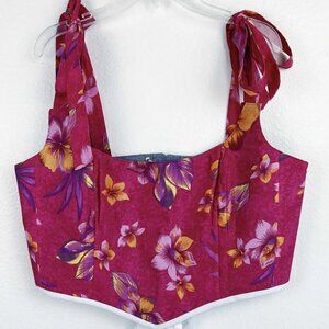 Hand Crafted Magenta Tropical Floral Corset Top with Tie Straps